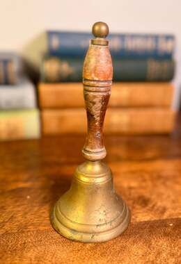 Vintage Brass Hand Bell | Turned Wood Handle, Mid-Century Decor